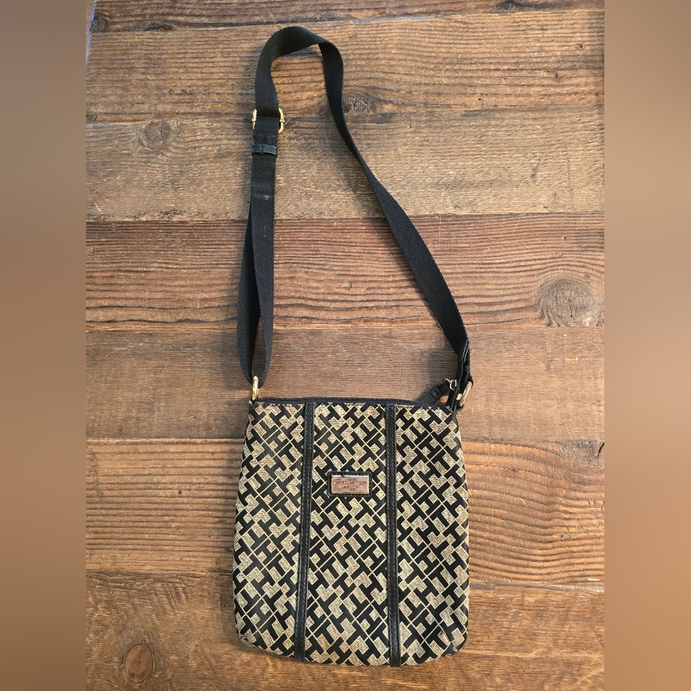 Tommy Hilfiger Black and Tan Patterned Bag Crossbody Purse